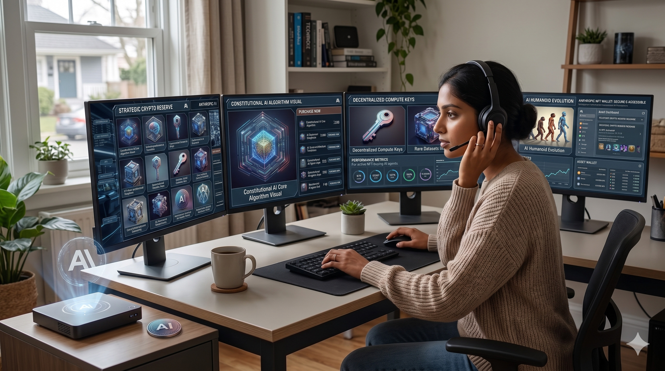 Person working full time from home managing Anthropic AI NFT buying agents on multiple monitors