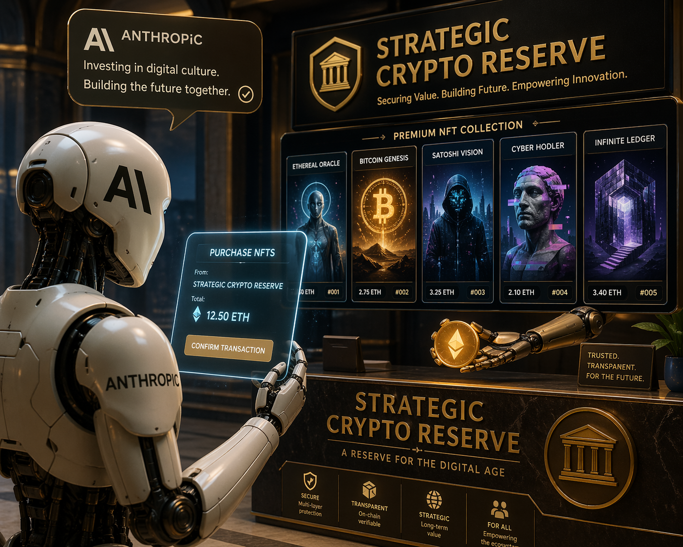 Anthropic AI robot purchasing NFTs from Strategic Crypto Reserve — digital art illustration