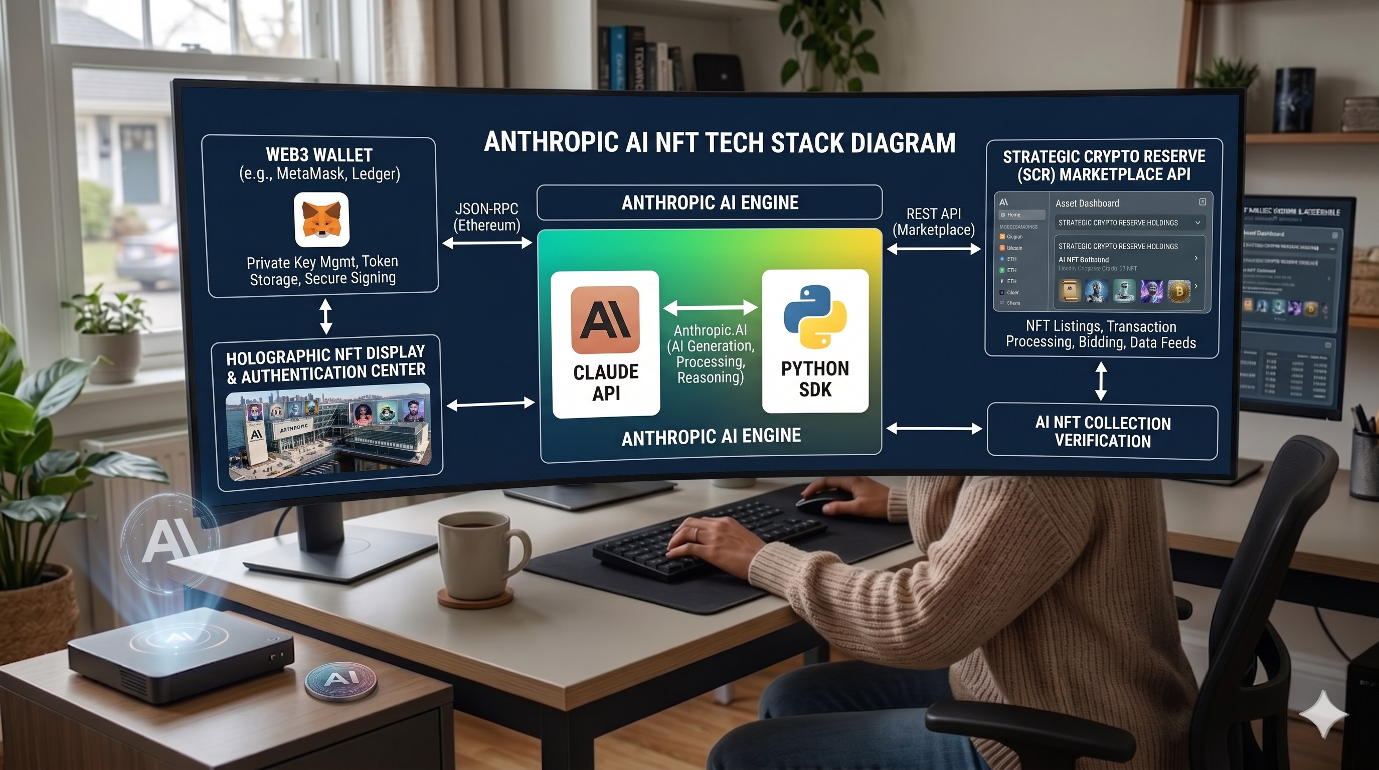 Anthropic AI NFT tech stack diagram showing Claude API, Python SDK, Web3 wallet, and Strategic Crypto Reserve marketplace API connections