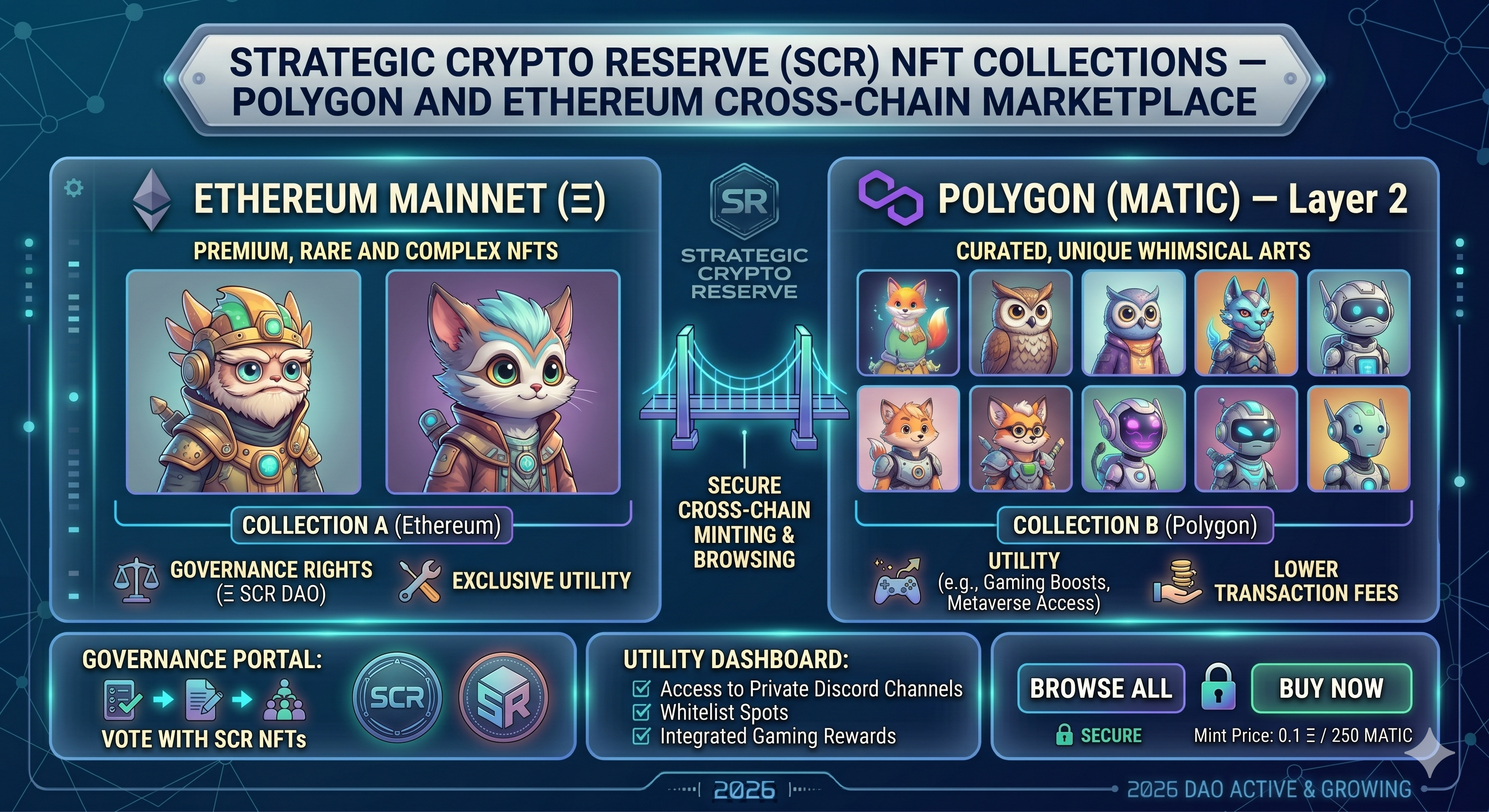 Strategic Crypto Reserve NFT collections on Polygon and Ethereum — browse and buy NFTs with utility and governance rights