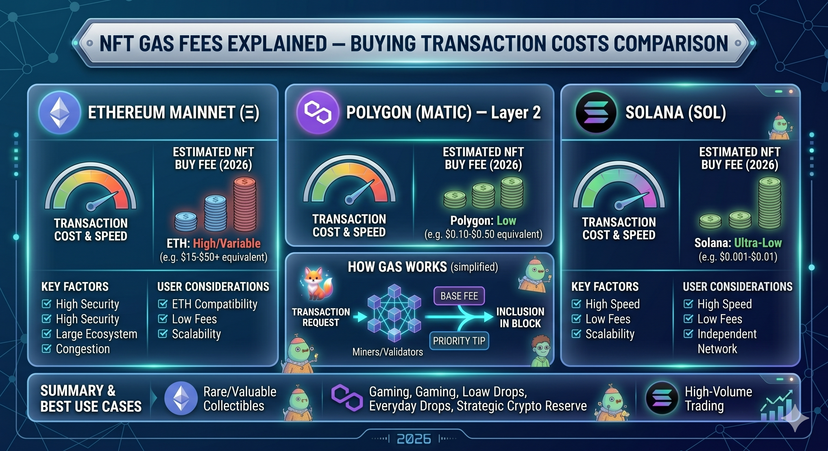 NFT gas fees explained — comparison of Ethereum mainnet vs Polygon vs Solana transaction costs for buying NFTs