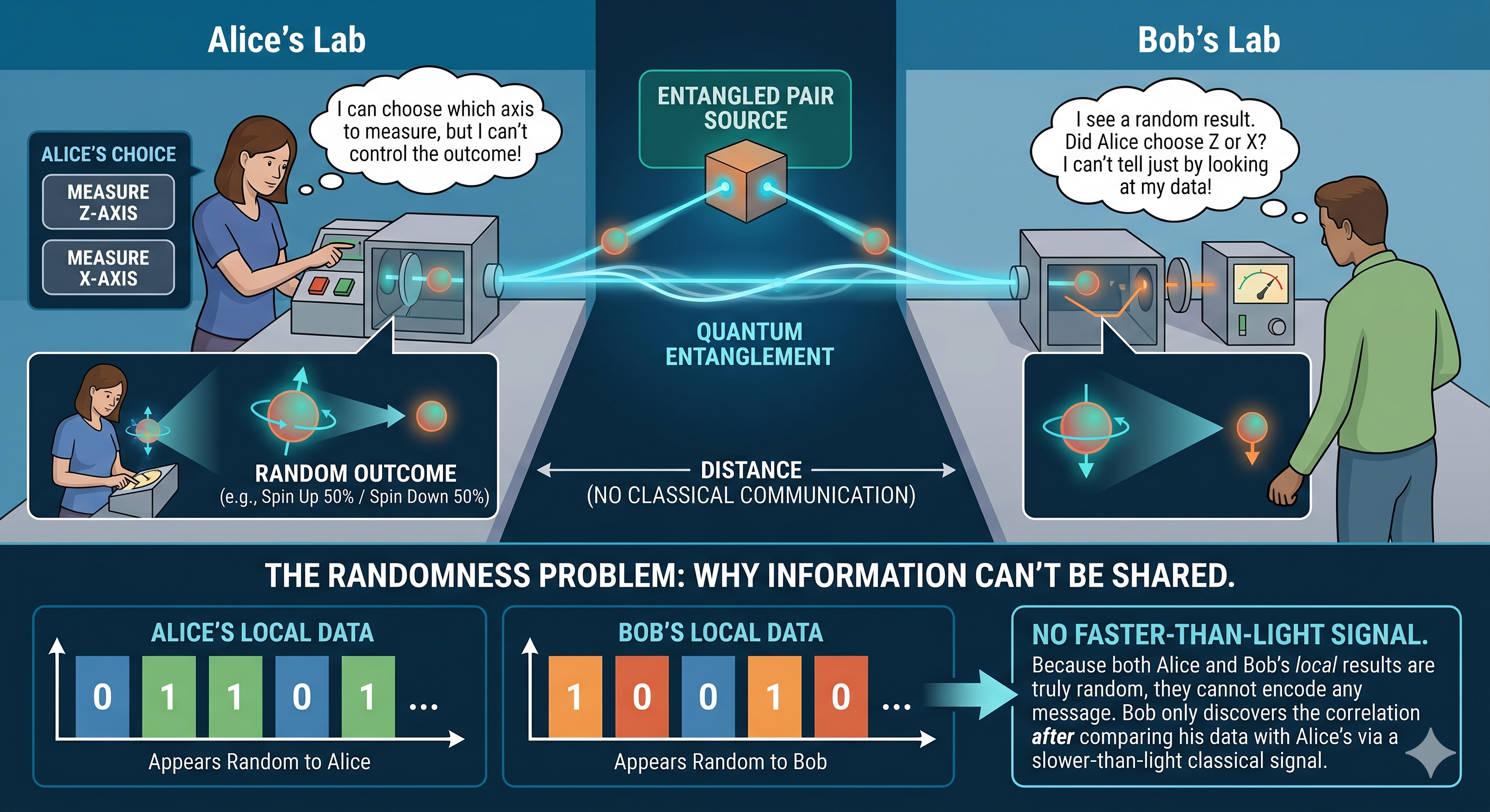 No-Communication Theorem — why quantum entanglement cannot transmit information faster than light