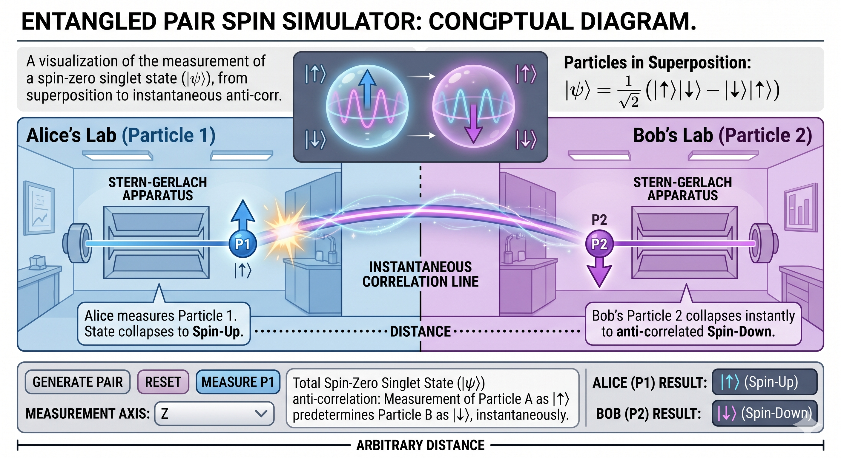 Quantum entanglement explained — Bell's theorem and correlated particle spin states diagram