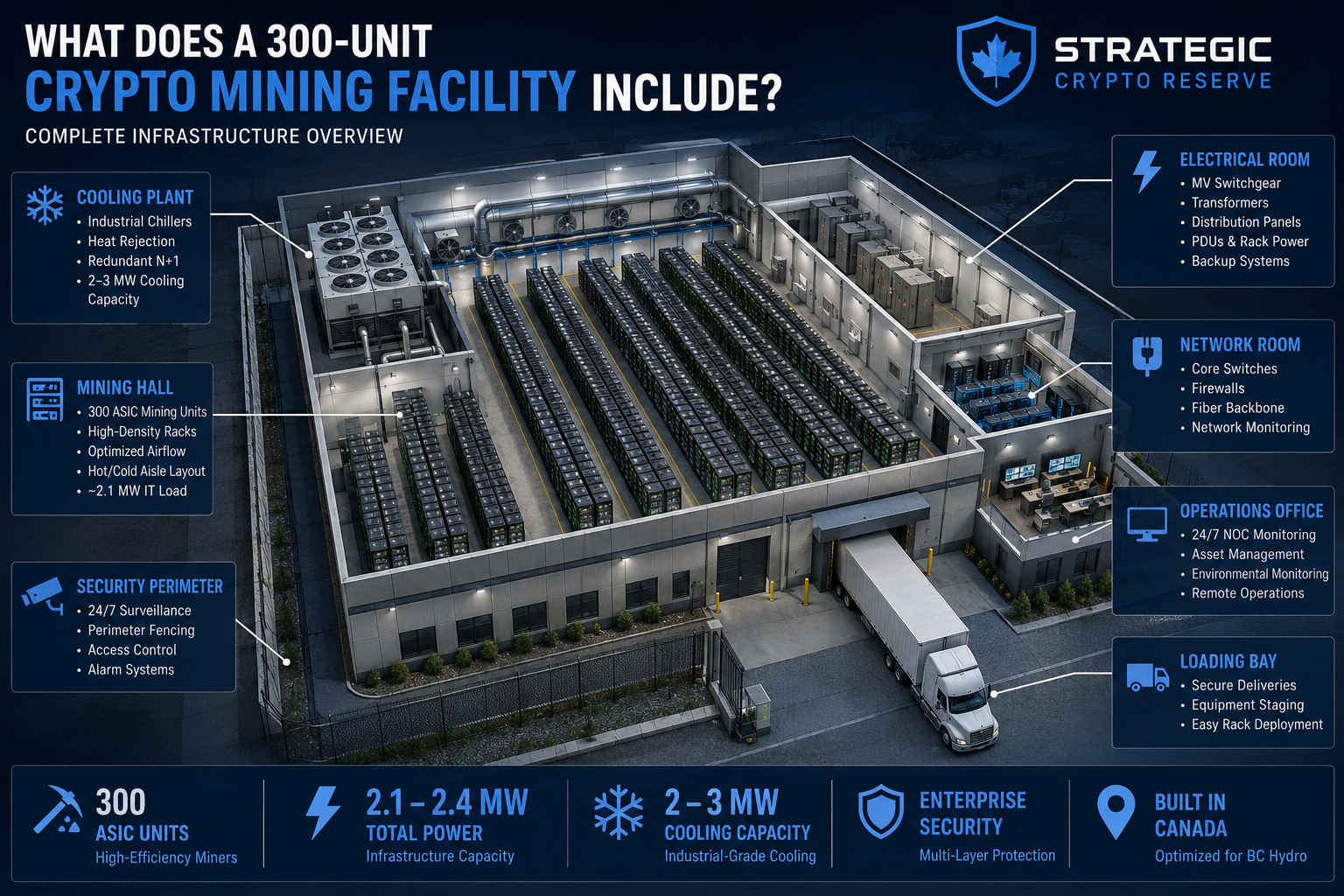 300-unit crypto mining facility overview — commercial ASIC mining operation scale and infrastructure requirements